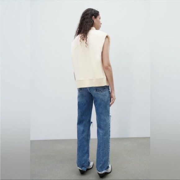 Zara NWT Plush Vest Padded Shoulders High Collar Size S Plush Ecru Light Yellow - Picture 3 of 11